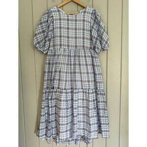 English Factory Midi Dress S Small Check Plaid Print Blue Prairie Cottagecore